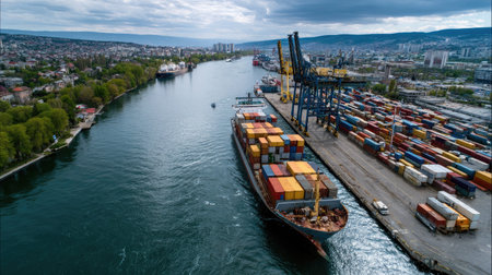 This stunning aerial photo captures a container ship navigating through a bustling port channel, surrounded by loading cranes and cargo terminals.の素材