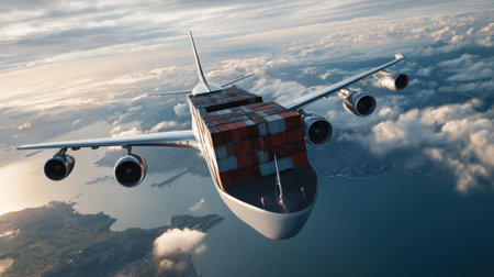 A stunning aerial view of a modern cargo aircraft loaded with shipping containers soaring above the clouds, showcasing air transportation and logistics over a scenic landscape.の素材