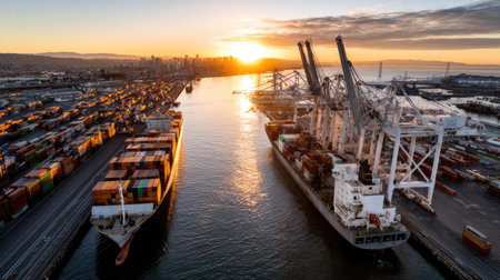Stunning aerial view of container ships in a busy port during sunset, showcasing vibrant colors and the city skyline in the background, highlighting maritime industry.の素材