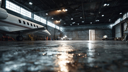 A modern aircraft hangar featuring spacious interiors with several parked airplanes and glossy floor reflections, showcasing an industrial setting.の素材