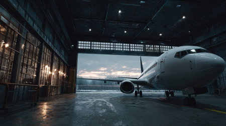 An airplane is parked in a spacious hangar with its doors open, showcasing a stunning sunset. The scene captures the essence of aviation and flight preparation.の素材