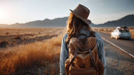 A young woman with a backpack gazes at a stunning sunset over expansive fields and distant mountains, embodying the spirit of adventure and exploration.の素材