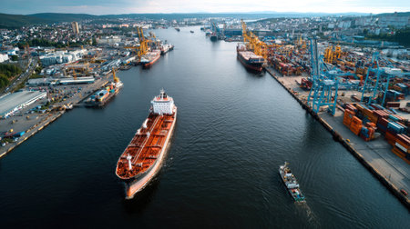 A vibrant aerial view of a busy shipping port showcases cargo ships navigating through the water, surrounded by industrial cranes and waterfront activity.の素材