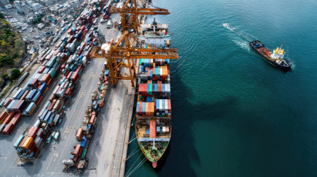 This aerial view captures a bustling port scene with a cargo ship surrounded by colorful containers and cranes, showcasing maritime logistics and trade activities.の素材