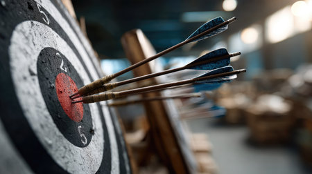 This image captures a close-up view of arrows striking a target at a vibrant indoor archery range, emphasizing focus and precision in sport.の素材
