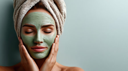 A woman enjoys a relaxing moment with a green face mask while wearing a towel on her head. This serene scene embodies self-care and wellness.の素材