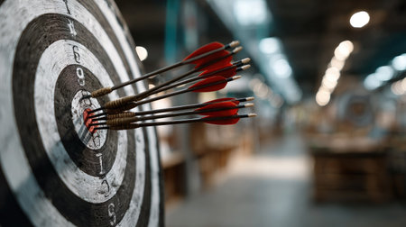 A striking close-up of a target with arrows clustered around the bullseye in an indoor archery range, showcasing precision and skill in the sport.の素材