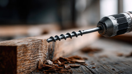 A detailed close-up view of a cordless drill boring into a wooden plank, showcasing wood shavings on a rustic surface, ideal for craftsmanship and DIY projects.の素材