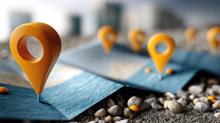 This striking image features colorful location markers positioned on a textured map, surrounded by pebbles, set against a softly blurred cityscape.の素材