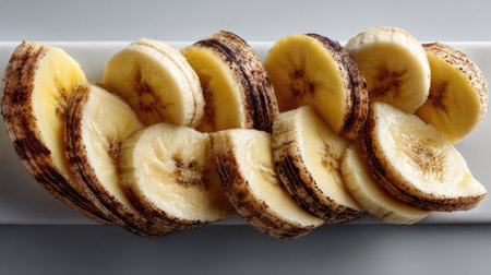 This image features a beautifully arranged display of freshly sliced bananas on a white plate, showcasing the fruit's vibrant yellow color and unique textures. Perfect for food-related content.の素材