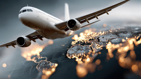 Stunning image of an airplane soaring above the Earth, illuminated city lights twinkling at night. This photograph captures the essence of global travel and adventure.の素材