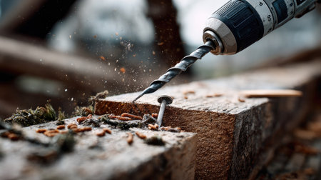 This close-up image captures an electric drill in action, inserting a screw into a wooden plank amidst wood shavings and dust, illustrating craftsmanship.の素材