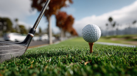 A close-up view of a golf club poised above a golf ball resting on a tee atop lush green grass, set against a picturesque outdoor backdrop.の素材