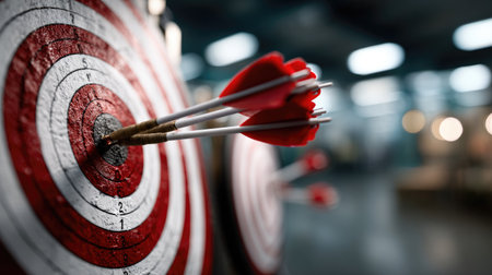 This captivating image features sharp arrows penetrating a vibrant target at an archery range, showcasing precision and focus in a sports setting.の素材
