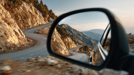 The image captures a stunning reflection of a winding mountain road in a car side mirror, showcasing a serene landscape bathed in warm sunset light.の素材