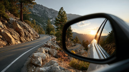 Experience the beauty of nature with this stunning image featuring a winding mountain road at sunset, beautifully reflected in a car side mirror. The combination of lush forests and rocky landscapes creates an enchanting scene for travel enthusiasts.の素材