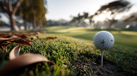 A detailed view of a golf ball on a tee, surrounded by fresh grass and fallen leaves. This serene scene captures the essence of golf during early morning light, perfect for golf enthusiasts.の素材
