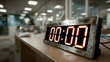 A digital countdown timer showing zero seconds in a sleek office setting. The illuminated display emphasizes urgency and time management in a modern workspace atmosphere.の素材