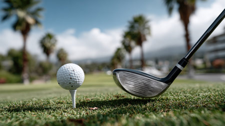 A beautifully composed close-up view of a golf ball resting on a tee, accompanied by a golf club, showcasing a serene outdoor scene with palm trees and a clear blue sky.の素材
