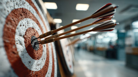 This image captures a dynamic moment in archery, showcasing arrows directly hitting the center of a dartboard with a blurred indoor range in the background.の素材