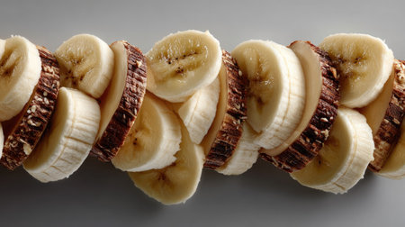 Beautifully arranged sliced bananas on a wooden skewer exhibit a fresh and vibrant approach to healthy snacking. Ideal for food photography.の素材
