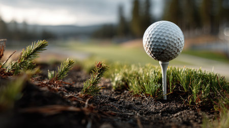 A detailed close-up of a golf ball positioned on a tee among fresh grass, showcasing the serene beauty of a golf course in a natural setting.の素材