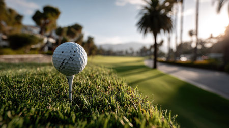 A serene image of a golf ball perched on a tee within lush green grass, surrounded by palm trees and bathed in afternoon sunshine. Perfect for golf enthusiasts.の素材