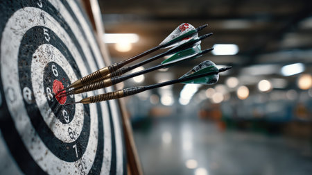 This image features three darts skillfully embedded in the bullseye of a dartboard, creating an engaging atmosphere ideal for sports and leisure activities.の素材