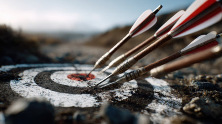 A stunning close-up photograph of arrows striking a target, showcasing precision and skill in archery. The lush outdoor backdrop enhances the serene atmosphere.の素材