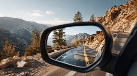 A captivating view of a winding mountain road captured in a car's side mirror, showcasing the stunning natural landscape featuring mountains and trees.の素材