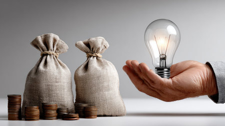 A hand holds a glowing light bulb symbolizing innovation, next to money bags and coins. This image represents ideas, wealth, and financial growth.の素材