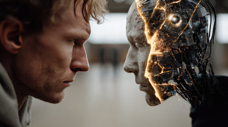 A captivating image showing a human face-to-face with a robotic counterpart, highlighting the contrast between organic and synthetic features, evoking themes of technology and emotion.の素材