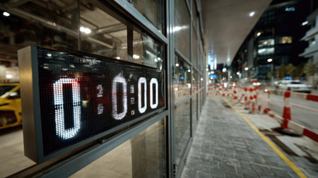 Digital countdown timer shines in an urban setting, displaying precise time in a lively city at night. Illuminated numbers reflect vibrant lights against modern architecture and nearby construction zones.の素材