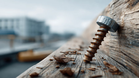A close-up view of a rusty screw embedded in a weathered wooden board, showcasing intricate details and textures, with scattered wood shavings nearby.の素材