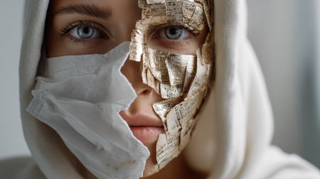 This captivating portrait features a model with a mixed media face, incorporating newspaper and fabric elements, evoking deep emotions and a story.の素材