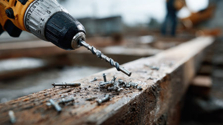 Detailed image showcasing a hand using a cordless electric drill to drive screws into a wooden plank, emphasizing craftsmanship and construction work.の素材
