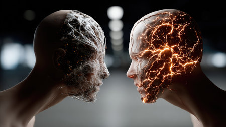 This abstract artwork features two mannequin faces representing contrasting emotions. The unique textures create a dynamic visual narrative exploring human connection and interpretation.の素材