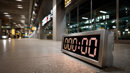 A digital countdown timer shows zero hours and zero minutes, positioned on a clean terminal floor, capturing a tranquil airport ambiance at night.の素材