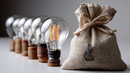 A collection of vintage light bulbs with retro filaments accompanies a burlap bag, set against a neutral background, perfect for creative projects.の素材