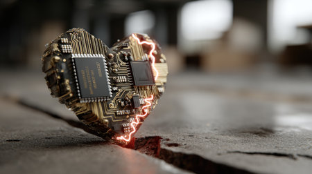 A stunning heart-shaped circuit board with glowing edges, representing the fusion of technology and emotion. This creative composition captures the essence of love in a modern context.の素材