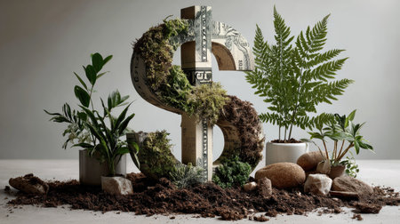 A creative depiction of a dollar sign intertwined with natural elements, representing the harmony between finance and sustainability in a modern world.の素材