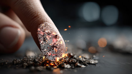 A detailed close-up of a fingerprint emerging from ashes with sparks flying, set against a blurred dark background, highlighting themes of identity and mystery.の素材