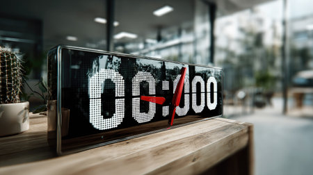 A sleek digital clock displaying time in a modern office. The setting features a wooden table and lush greenery in the background, creating a calm atmosphere.の素材