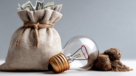 A visually striking arrangement featuring a burlap bag filled with cash beside a broken light bulb, symbolizing the duality of innovation and financial challenges faced by businesses.の素材