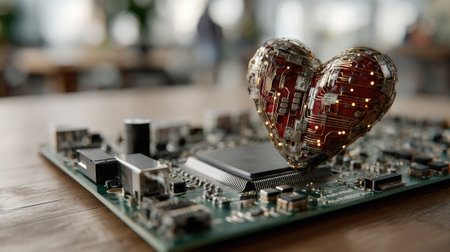 A captivating heart-shaped design made of intricate circuitry embodies the blending of love and technology, symbolizing innovation in the digital world.の素材