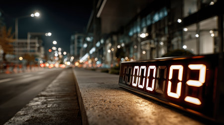 A modern urban street at night featuring a countdown timer showing two seconds. Bright city lights illuminate the scene, creating a vibrant atmosphere.の素材