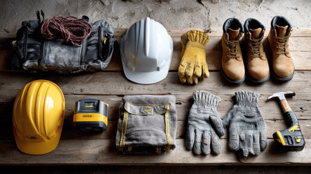 A comprehensive collection of construction tools and safety gear arranged on a wooden surface, showcasing essential items for any building project or renovation task.の素材