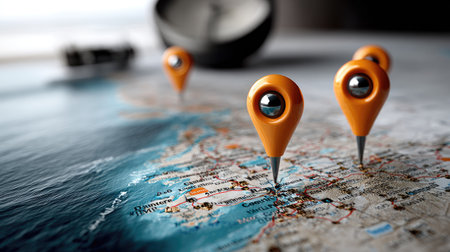 Close-up view of colorful map pins placed on a detailed world map, complemented by a compass in the background, symbolizing adventure and exploration.の素材