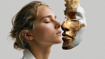 This surreal portrait features a woman against a minimalist background, with an abstract painted face overlay. The artistic expression evokes emotion and creativity.の素材