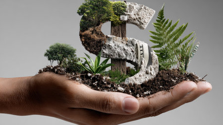 A creative representation of the dollar symbol made from natural elements, showcasing the connection between finance and environmental care through vibrant plants and rich soil.の素材